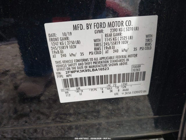 Auction sale of the 2020 Ford Edge Titanium, vin: 2FMPK3K95LBA16523, lot number: 45078502
