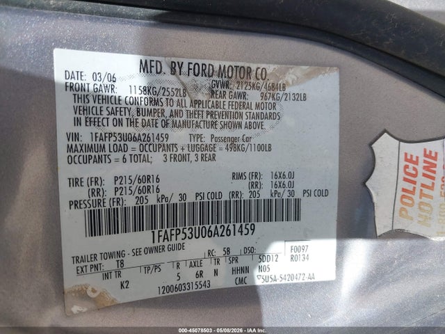 Продажа на аукционе авто 2006 Ford Taurus Se, vin: 1FAFP53U06A261459, номер лота: 45078503