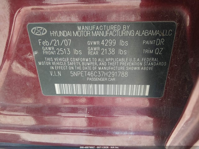Aukcja sprzedaży 2007 Hyundai Sonata Gls, vin: 5NPET46C37H291788, numer aukcji: 45078507