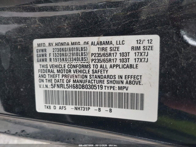 Aukcja sprzedaży 2013 Honda Odyssey Ex-l, vin: 5FNRL5H68DB030519, numer aukcji: 45078508
