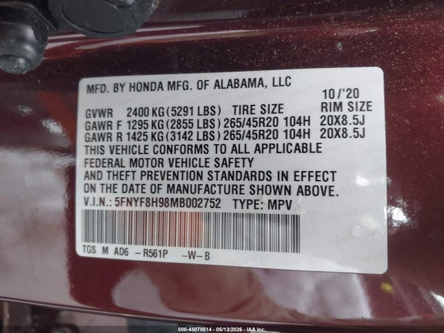 5FNYF8H98MB002752 Honda Passport Awd Touring