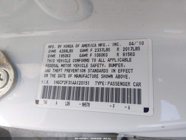 45078517 :رقم المزاد ، 1HGCP2F31AA120151 vin ، 2010 Honda Accord 2.4 Lx مزاد بيع