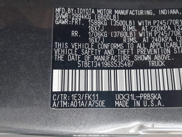 2006 Toyota Tundra Sr5 V8 მანქანა იყიდება აუქციონზე, vin: 5TBET34196S535487, აუქციონის ნომერი: 45078525