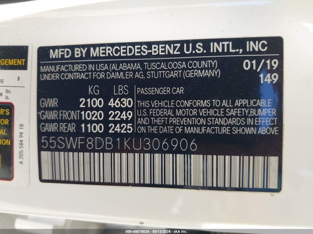 Aukcja sprzedaży 2019 Mercedes-benz C 300, vin: 55SWF8DB1KU306906, numer aukcji: 45078530