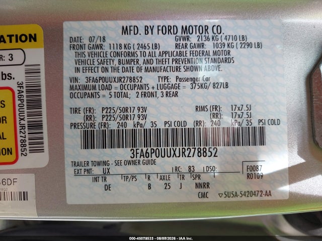 3FA6P0UUXJR278852 Ford Fusion Hybrid S