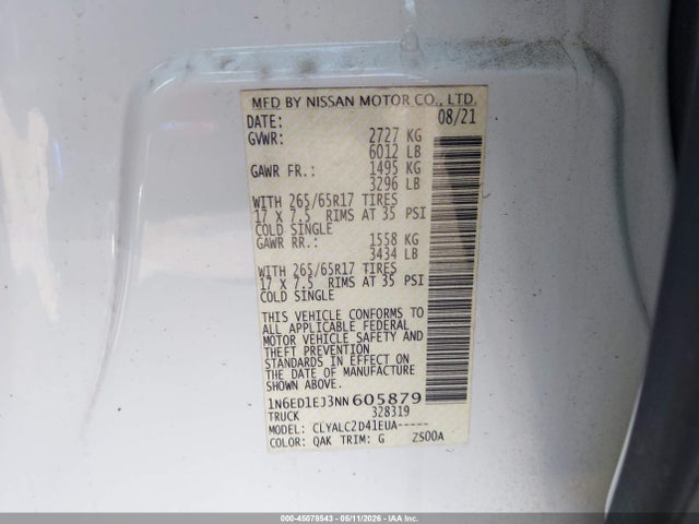 2022 Nissan Frontier Sv 4x2 მანქანა იყიდება აუქციონზე, vin: 1N6ED1EJ3NN605879, აუქციონის ნომერი: 45078543