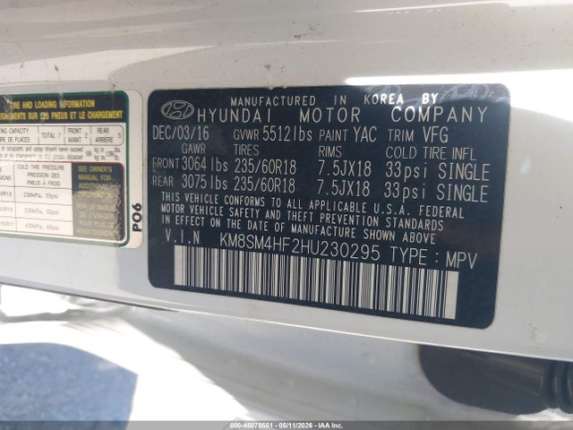 KM8SM4HF2HU230295 Hyundai Santa Fe Se