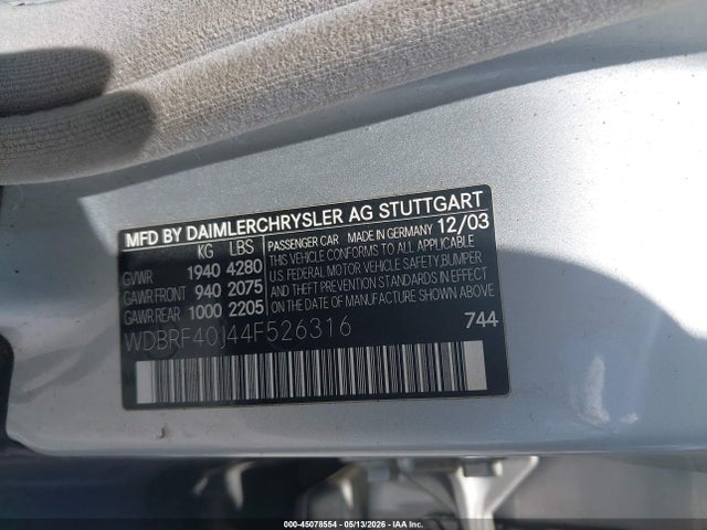 45078554 :رقم المزاد ، WDBRF40J44F526316 vin ، 2004 Mercedes-benz C 230 Kompressor Sport/sport مزاد بيع