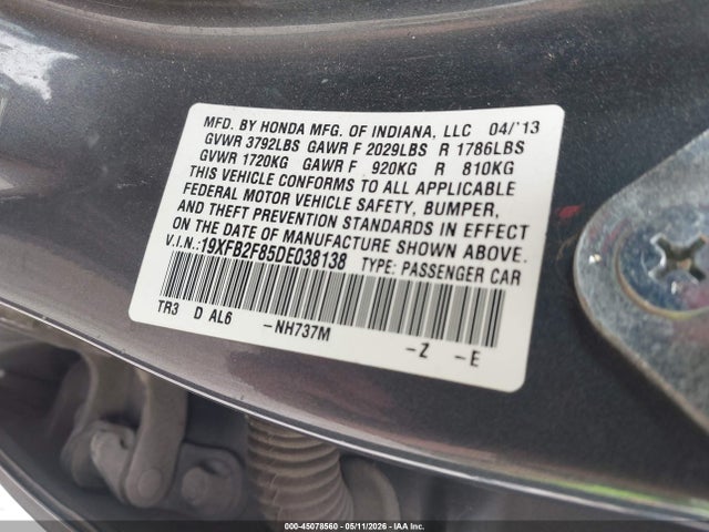Auction sale of the 2013 Honda Civic Ex, vin: 19XFB2F85DE038138, lot number: 45078560