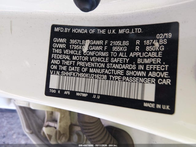 Aukcja sprzedaży 2019 Honda Civic Sport Touring, vin: SHHFK7H90KU216238, numer aukcji: 45078565