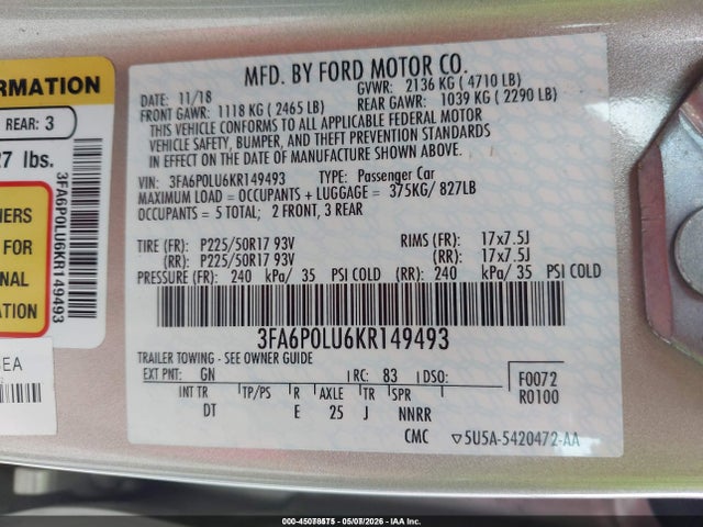 3FA6P0LU6KR149493 Ford Fusion Hybrid Se