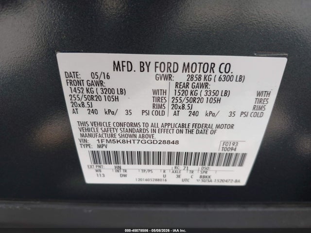 Продажа на аукционе авто 2016 Ford Explorer Platinum, vin: 1FM5K8HT7GGD28848, номер лота: 45078586