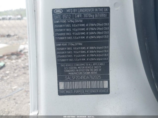 2013 Land Rover Range Rover Sport Hse მანქანა იყიდება აუქციონზე, vin: SALSF2D49DA762025, აუქციონის ნომერი: 45078594