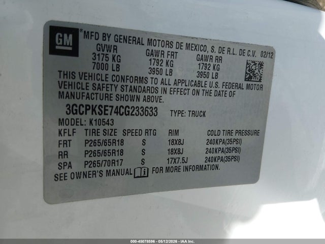 45078596 :رقم المزاد ، 3GCPKSE74CG233633 vin ، 2012 Chevrolet Silverado 1500 Lt مزاد بيع