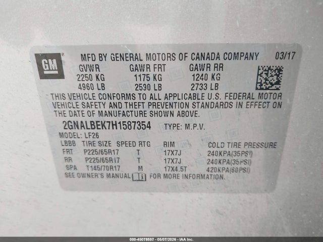 Aukcja sprzedaży 2017 Chevrolet Equinox Ls, vin: 2GNALBEK7H1587354, numer aukcji: 45078597