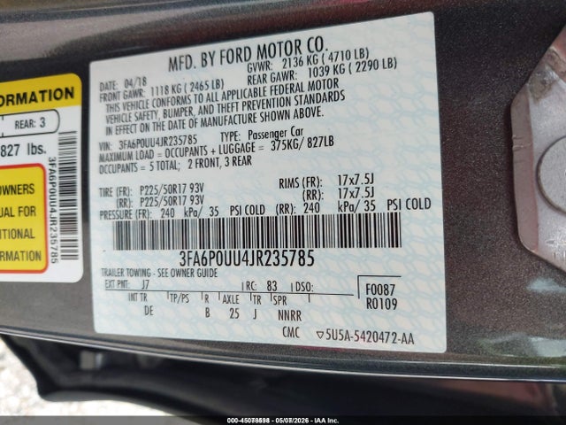 3FA6P0UU4JR235785 Ford Fusion Hybrid S
