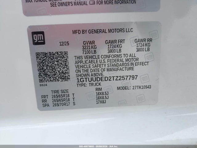 Aukcja sprzedaży 2026 Gmc Sierra 1500 , Short Bed, Slt, 4wd, vin: 1GTUUDED2TZ257797, numer aukcji: 45078605