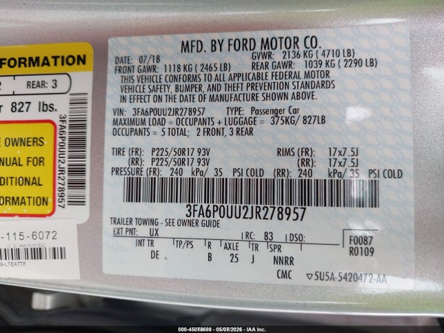 3FA6P0UU2JR278957 Ford Fusion Hybrid S