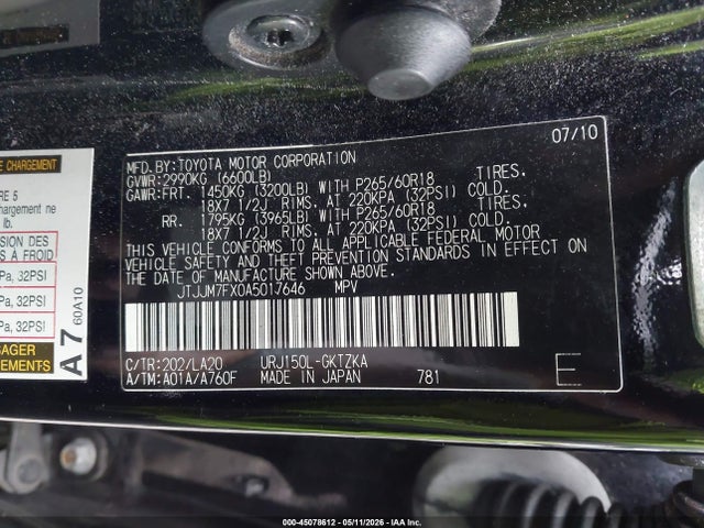 Auction sale of the 2010 Lexus Gx 460 Premium, vin: JTJJM7FX0A5017646, lot number: 45078612