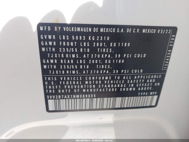 Aukcja sprzedaży 2022 Volkswagen Tiguan 2.0t Se, vin: 3VV2B7AX1NM089655, numer aukcji: 45078613