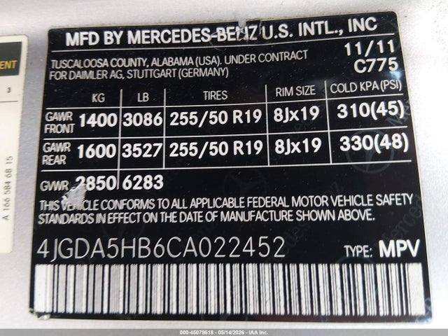 45078618 :رقم المزاد ، 4JGDA5HB6CA022452 vin ، 2012 Mercedes-benz Ml 350 4matic مزاد بيع