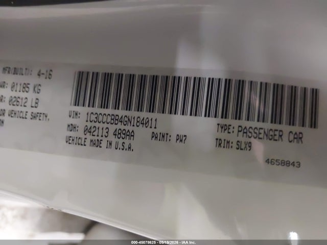 45078625 :رقم المزاد ، 1C3CCCBB4GN184011 vin ، 2016 Chrysler 200 S مزاد بيع