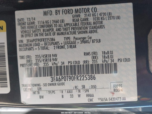 Продажа на аукционе авто 2015 Ford Fusion Se, vin: 3FA6P0T90FR225386, номер лота: 45078627