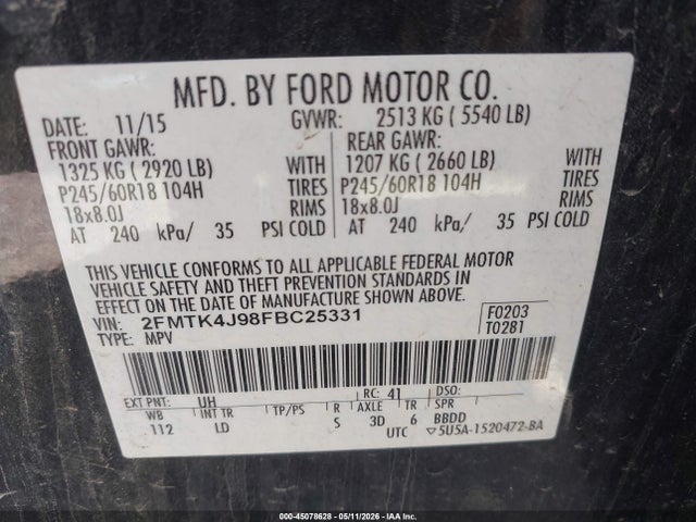 Продаж на аукціоні авто 2015 Ford Edge Sel, vin: 2FMTK4J98FBC25331, номер лоту: 45078628