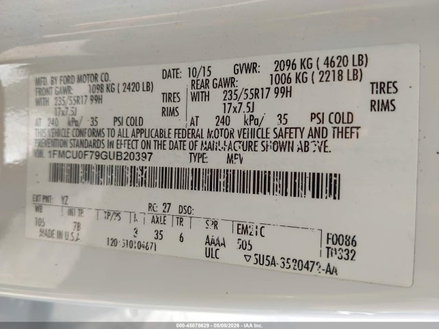 Aukcja sprzedaży 2016 Ford Escape S, vin: 1FMCU0F79GUB20397, numer aukcji: 45078629