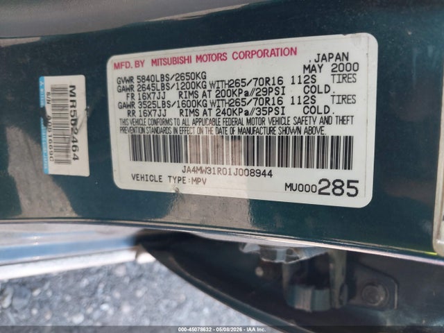 Продаж на аукціоні авто 2001 Mitsubishi Montero Xls, vin: JA4MW31R01J008944, номер лоту: 45078632