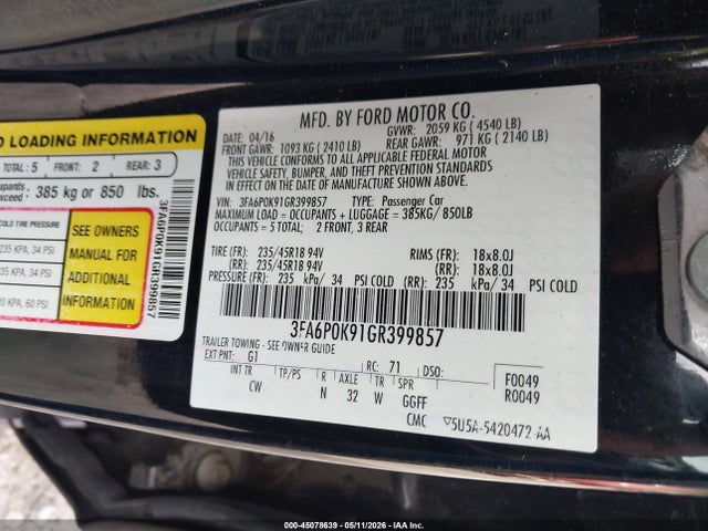 Продажа на аукционе авто 2016 Ford Fusion Titanium, vin: 3FA6P0K91GR399857, номер лота: 45078639