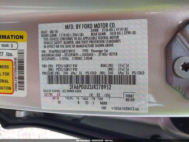 2018 Ford Fusion Hybrid S მანქანა იყიდება აუქციონზე, vin: 3FA6P0UU3JR278952, აუქციონის ნომერი: 45078641