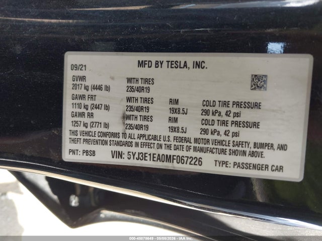 Продаж на аукціоні авто 2021 Tesla Model 3 Standard Range Plus Rear-wheel Drive, vin: 5YJ3E1EA0MF067226, номер лоту: 45078649