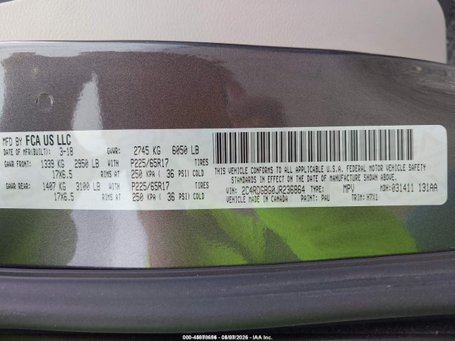 45078656 :رقم المزاد ، 2C4RDGBG0JR236864 vin ، 2018 Dodge Grand Caravan Se مزاد بيع