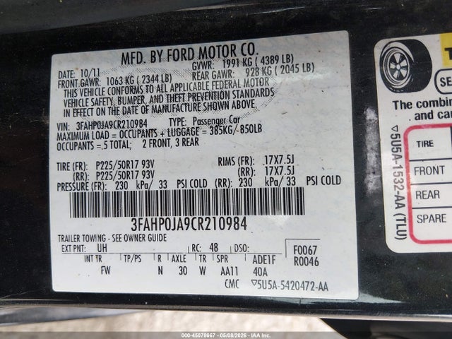 Продажа на аукционе авто 2012 Ford Fusion Sel, vin: 3FAHP0JA9CR210984, номер лота: 45078667