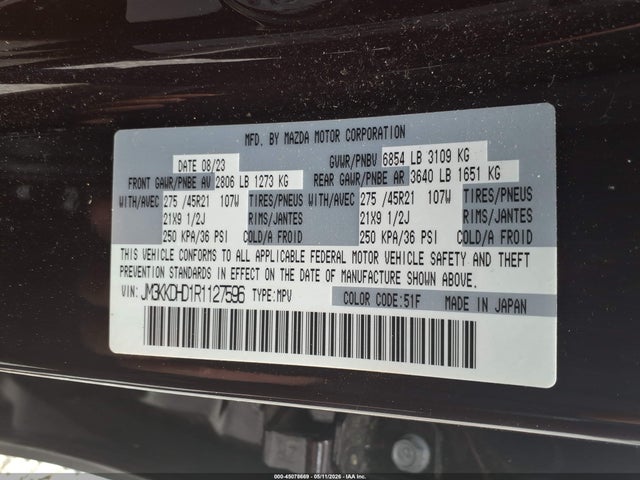 45078669 :رقم المزاد ، JM3KKDHD1R1127596 vin ، 2024 Mazda Cx-90 3.3 Turbo Premium مزاد بيع