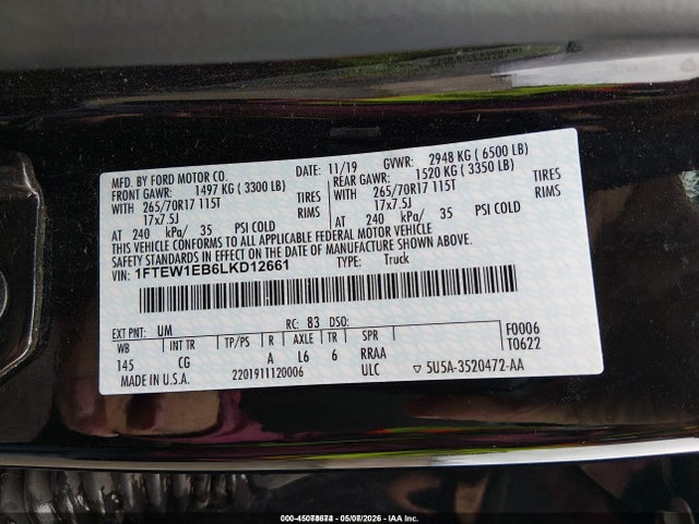 Aukcja sprzedaży 2020 Ford F-150 Xl, vin: 1FTEW1EB6LKD12661, numer aukcji: 45078674