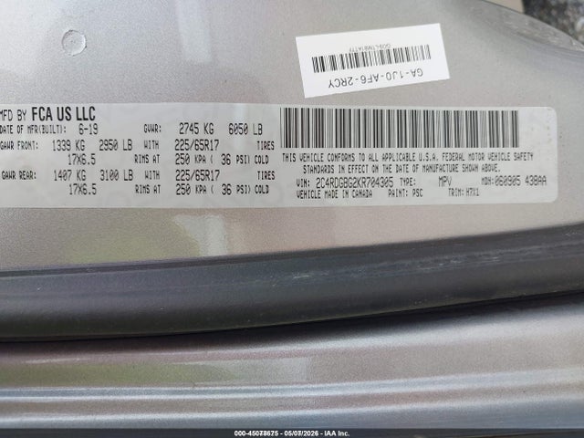 Продаж на аукціоні авто 2019 Dodge Grand Caravan Se, vin: 2C4RDGBG2KR704305, номер лоту: 45078675