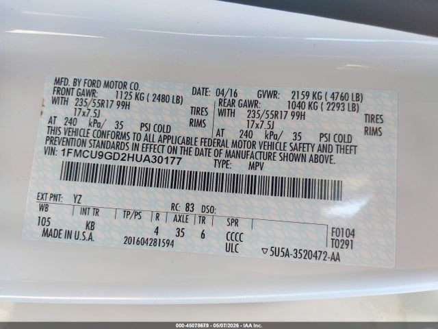 1FMCU9GD2HUA30177 Ford ESCAPE SE