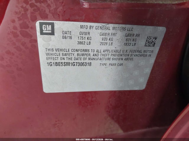 Продажа на аукционе авто 2016 Chevrolet Cruze Lt Auto, vin: 1G1BE5SM1G7306318, номер лота: 45078690