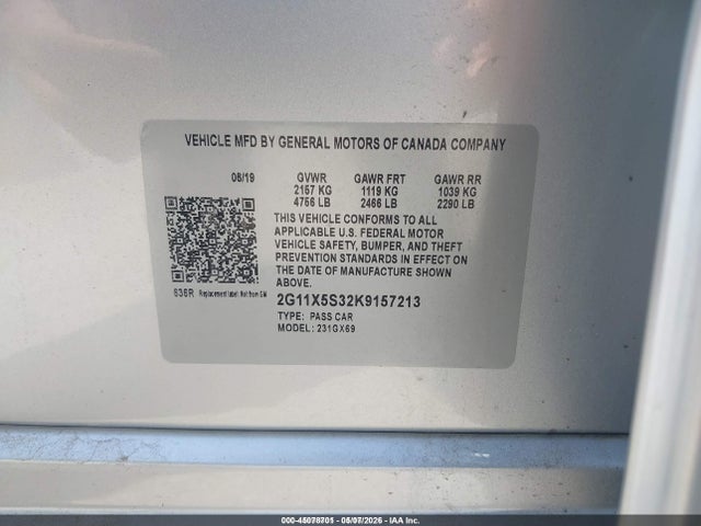 Aukcja sprzedaży 2019 Chevrolet Impala Ls, vin: 2G11X5S32K9157213, numer aukcji: 45078701