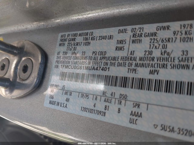 45078703 :رقم المزاد ، 1FMCU0G61MUA47401 vin ، 2021 Ford Escape Se مزاد بيع