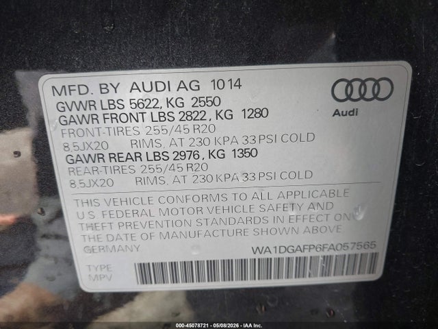 Aukcja sprzedaży 2015 Audi Q5 3.0t Premium Plus, vin: WA1DGAFP6FA057565, numer aukcji: 45078721