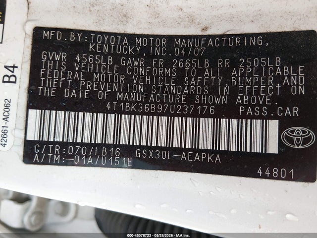 Aukcja sprzedaży 2007 Toyota Avalon Limited, vin: 4T1BK36B97U237176, numer aukcji: 45078723