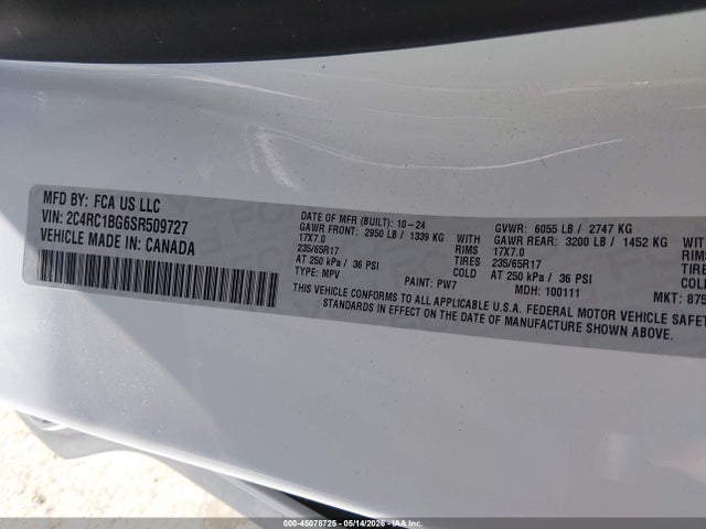 2025 Chrysler Pacifica Select მანქანა იყიდება აუქციონზე, vin: 2C4RC1BG6SR509727, აუქციონის ნომერი: 45078725
