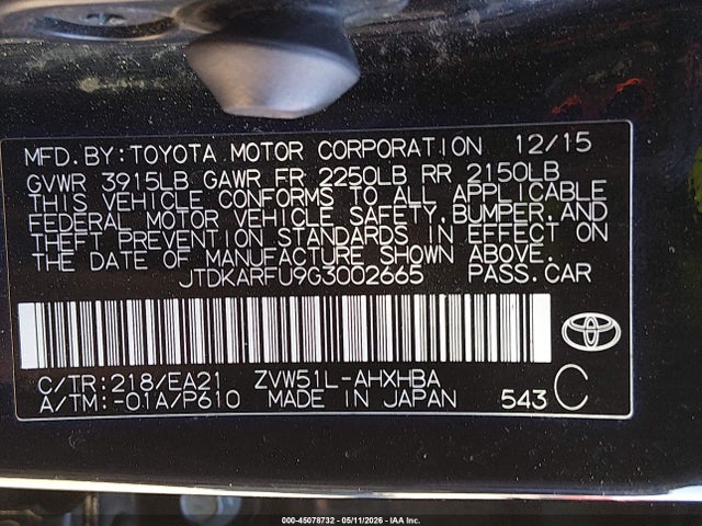 JTDKARFU9G3002665 Toyota Prius Three Touring