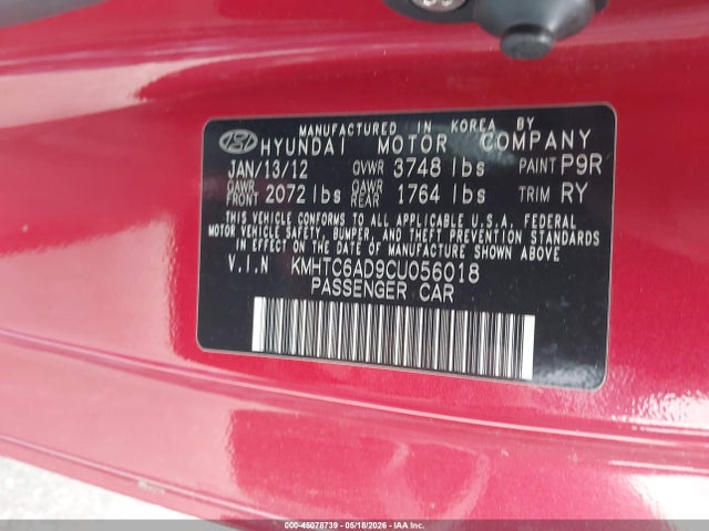 Продажа на аукционе авто 2012 Hyundai Veloster Base W/red/black, vin: KMHTC6AD9CU056018, номер лота: 45078739