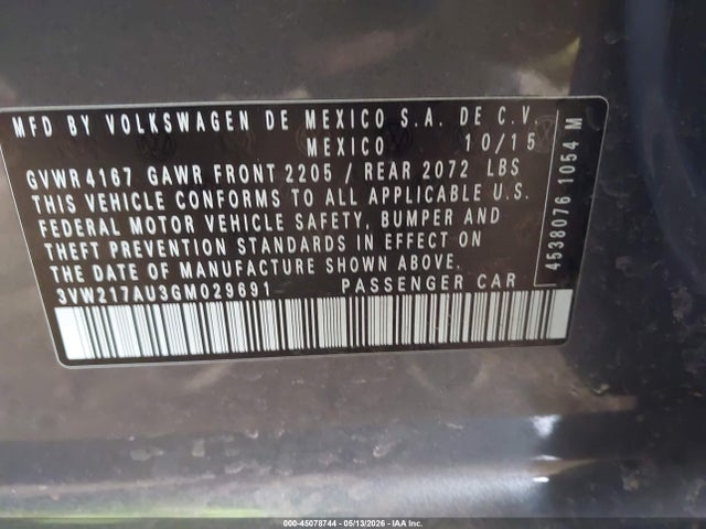 3VW217AU3GM029691 Volkswagen Golf Tsi S 4-door