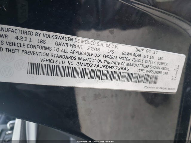 2011 Volkswagen Jetta 2.5l Se მანქანა იყიდება აუქციონზე, vin: 3VWDZ7AJ6BM373645, აუქციონის ნომერი: 45078746