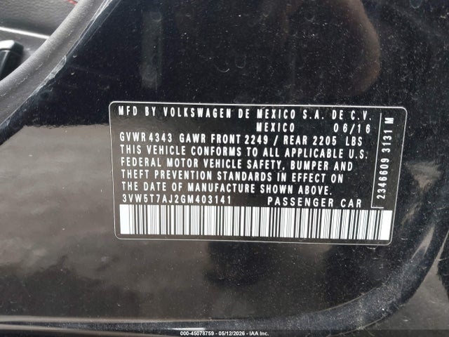 Aukcja sprzedaży 2016 Volkswagen Jetta 2.0t Gli Se, vin: 3VW5T7AJ2GM403141, numer aukcji: 45078759